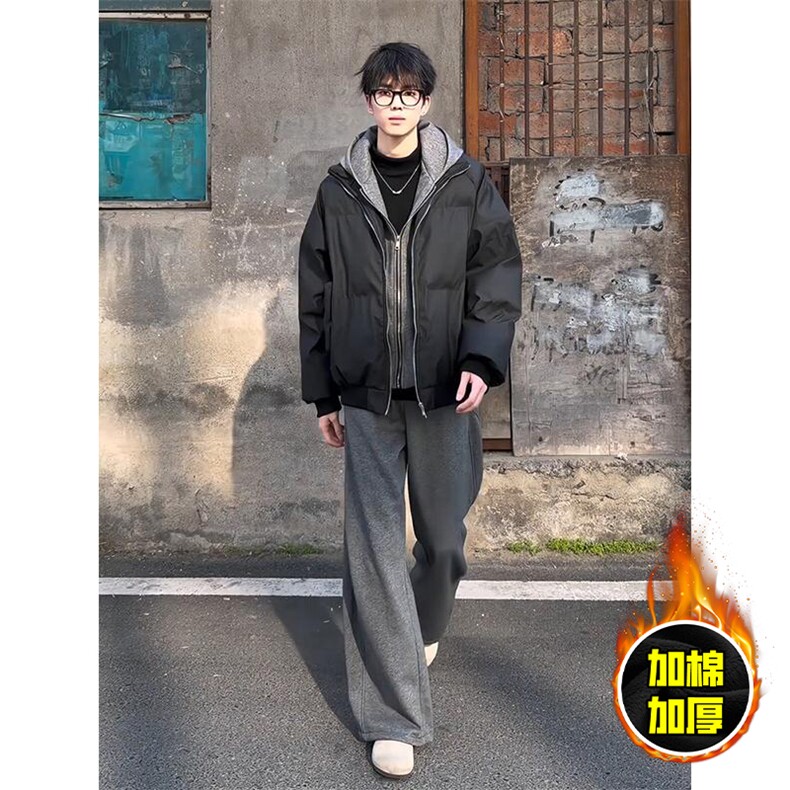 现货高品质重磅工艺美式高街假两件PU皮棉衣男女加厚棉服外套,男装棉衣,电商A443