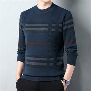 中年男商务休闲秋衣2023新款圆领条纹套头秋季薄款针织打底衫图片