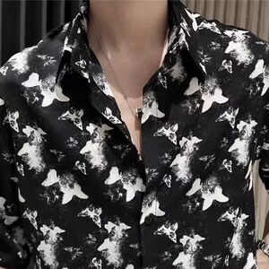 痞帅男装夏季套装时尚潮流穿搭高级感新款蝴蝶印花衬衫男冰丝一套图片
