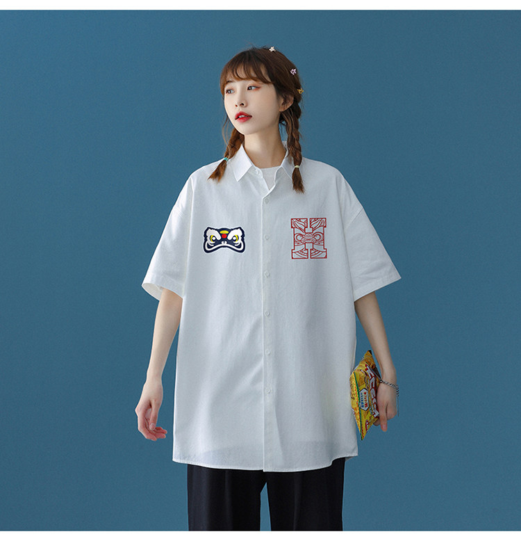 中性风2024夏季新品印花宽松翻领短袖衬衣衬衫CS105P35控58,女装衬衫,A247A