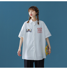 中性风2024夏季新品印花宽松翻领短袖衬衣衬衫CS105P35控58，女装衬衫，A247A