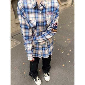 高街潮刺绣字母格子衬衫男高级感小众宽松休闲情侣款防晒衬衣潮图片