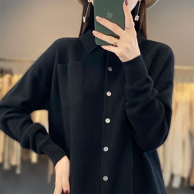 春秋精仿羊毛长袖翻领套头毛衣女宽松薄款polo领羊绒针织打底外套,女装羊毛衫,蒙莲贝斯