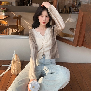 大码女装超仙遮肚子抽绳针织上衣春秋胖妹妹韩版V领长袖毛衣打底图片