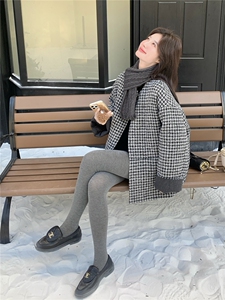 韩版通勤复古千鸟格编织中长款羽绒服女+围巾2025冬季氛围感外套图片