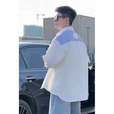 春季潮牌文艺风撞色拼接翻领衬衫男士休闲衬衣宽松情侣款长袖外套，男装衬衫，星座506A
