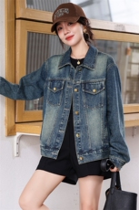 复古牛仔外套女工装风夹克2024秋新港风款宽松显瘦百搭短款上衣潮，女装牛仔外套，潮流依族