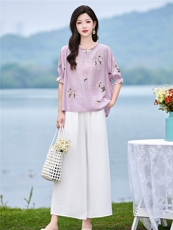 时尚洋气优雅刺绣套装女2026夏季新款复古气质宽松阔腿裤两件套，女装套装/套裙，魅影