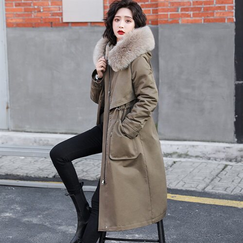 2022冬季新款时尚腰间抽绳修身气质真狐狸毛领舒适保暖连帽派克服，女装棉衣/棉服，时尚俏佳人