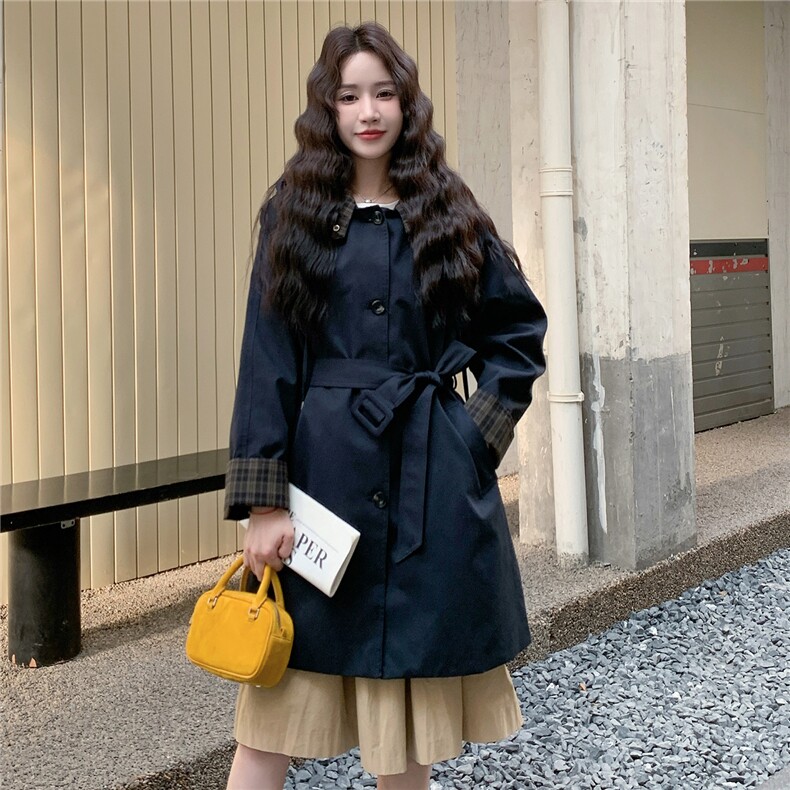 黑色韩版宽松显瘦格子拼接风衣女2025秋季新款长款简约休闲风外套,女装风衣,2C306