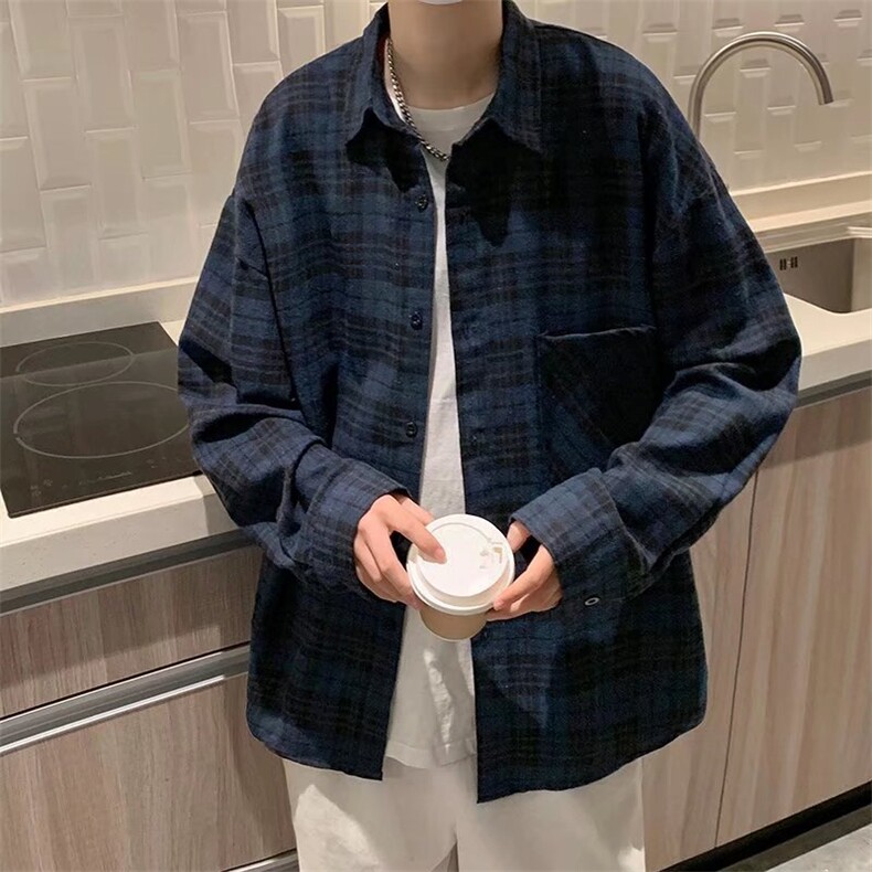美式复古格子长袖衬衫男女潮宽松小众百搭休闲衬衣秋季C6915-p35,男装衬衫,星座1008