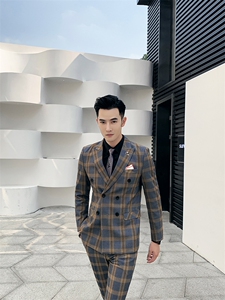 秋冬双排扣西服套装男两件套青年格子韩版修身西装A470-TZ20图片