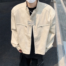 美式复古做旧棕色机车服皮衣外套男春秋小众设计感短款垫肩夹克衫，男装夹克，星座505-2（原电商A260-1)