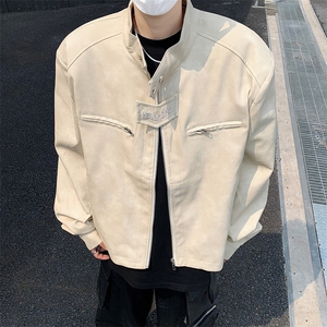 美式复古做旧棕色机车服皮衣外套男春秋小众设计感短款垫肩夹克衫图片
