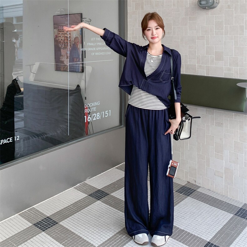 深蓝色淡人松弛感套装女2025秋季慵懒风上衣条纹背心阔腿裤三件套,女装套装/套裙,2C028