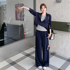 深蓝色淡人松弛感套装女2025秋季慵懒风上衣条纹背心阔腿裤三件套，女装套装/套裙，2C028