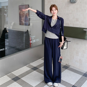深蓝色淡人松弛感套装女2025秋季慵懒风上衣条纹背心阔腿裤三件套图片