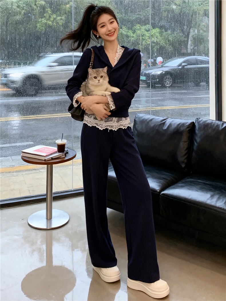 休闲运动套装秋季新款纯色连帽短款卫衣内搭蕾丝背心阔腿裤三件套,女装套装/套裙,江南