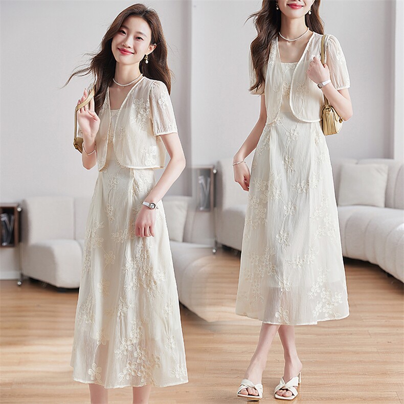 轻熟风时尚复古套装裙女2024年夏新款印花防晒小衫连衣裙两件套，女装套装/套裙，施恩睿棋