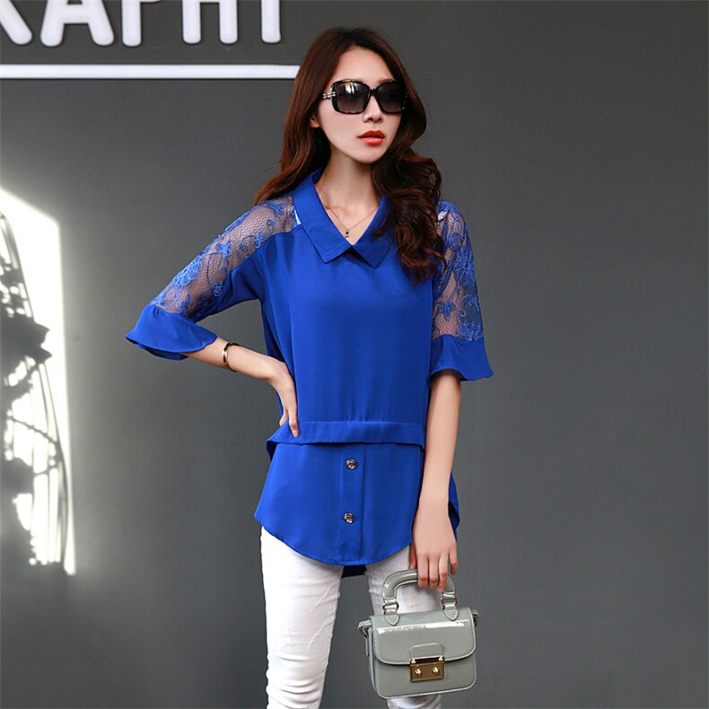 时尚蕾丝拼接雪纺衫女夏季新款宽松显瘦气质百搭上衣，女装蕾丝衫/雪纺衫，丽影随形