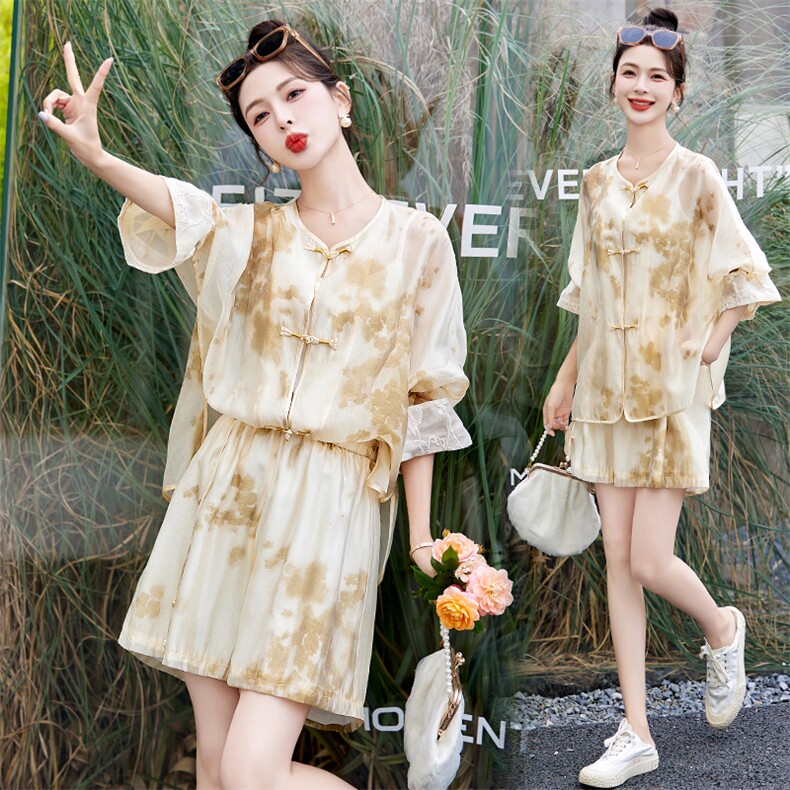 新中式印花雪纺凉快套装女2024夏季新款遮肚子漂亮时尚短裤两件套图片
