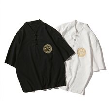 白底平拍图夏季风短袖T恤男棉麻复古盘扣上衣QT6005-T，男装T恤，星座1112-5（原712-5）