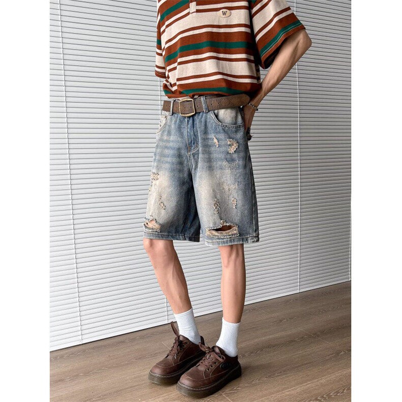 牛仔短裤男夏季破洞高街潮牌宽松五分裤美式复古中裤2690P40,男装牛仔裤,星座410-2