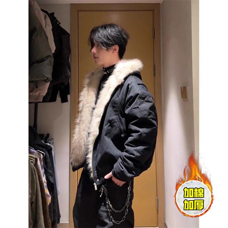 现货高品质美式高街冬季重磅硬挺短款座山雕毛领棉衣男女加厚外套，男装棉衣，电商A486