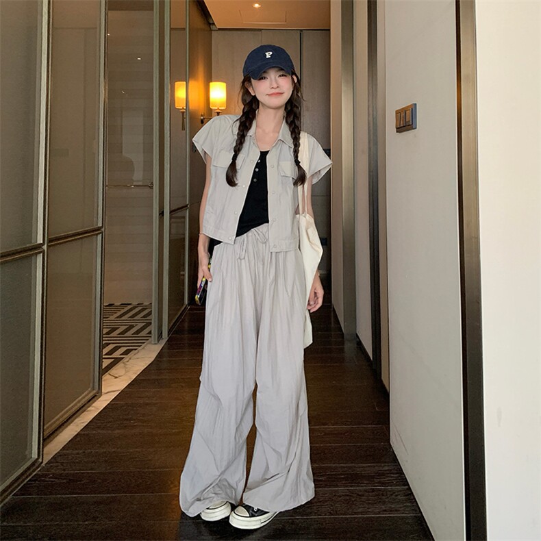 高级感炸街甜酷工装短袖套装女2025夏季新款时尚拖地阔腿裤两件套图片