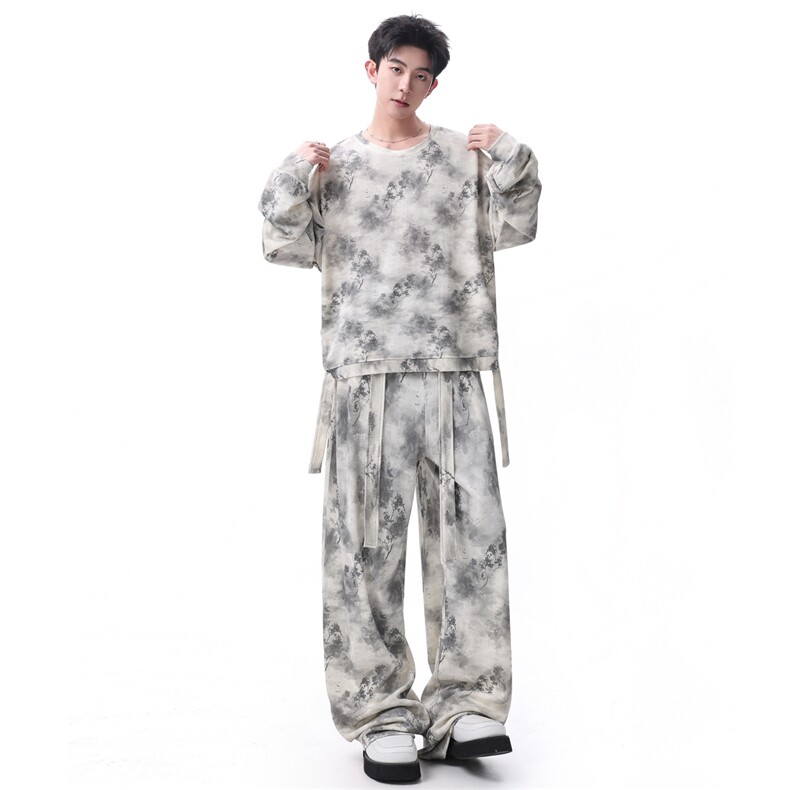 时尚山水印花飘带设计休闲运动套装情侣百搭卫衣长裤TZ820-P68，男装休闲套装，电商A006