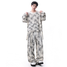 时尚山水印花飘带设计休闲运动套装情侣百搭卫衣长裤TZ820-P68，男装休闲套装，电商A006