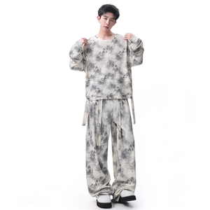 时尚山水印花飘带设计休闲运动套装情侣百搭卫衣长裤 TZ820-P68，男装休闲套装，电商A006