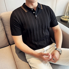 2025新款春夏冰丝翻领针织衫男士条纹短袖polo白72031/P62，男装T恤，电商C309