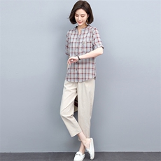 时尚套装女夏装两件套棉麻格子衬衫洋气矮个子显高减龄亚麻休闲裤，女装套装/套裙，忆绮罗