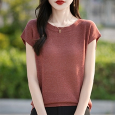 夏季新款简约亚麻圆领包肩袖短袖女宽松百搭显瘦时尚休闲上衣，女装针织衫/毛衣，片语羊绒