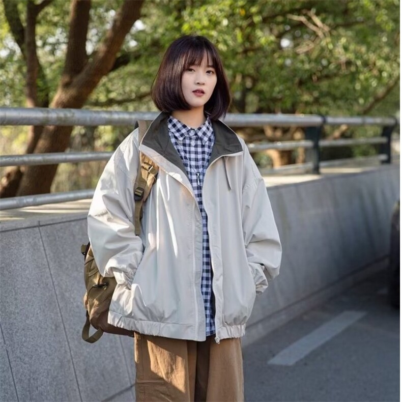 日系复古城市户外通勤工装冲锋衣外套女学生情侣简约百搭夹克潮牌图片