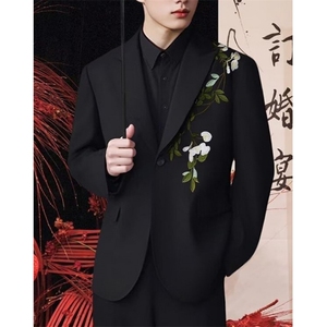 秋季新中式重工刺绣玉兰花中山装西服外套男复古痞帅西服 XZ105图片