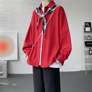 CS1156-特P38 控68 领巾小众设计感宽松大码衬衫男长袖衬衫外套图片