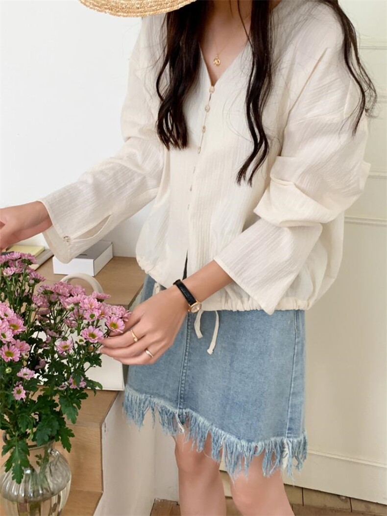 韩系下摆抽绳衬衫亲肤面料，女装衬衫，DAP