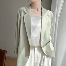 2025春夏新款纯色醋酸缎面一粒扣宽松西服女气质薄款七分袖百搭，女装短外套，暖习羊绒