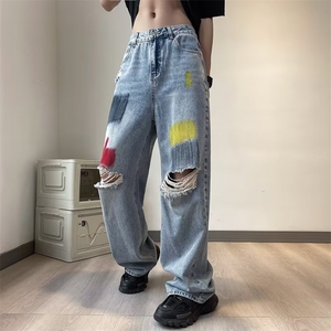 夏季涂鸦新款男洗水破洞牛仔裤男女阔腿拖地裤直筒裤子N0078-P45图片