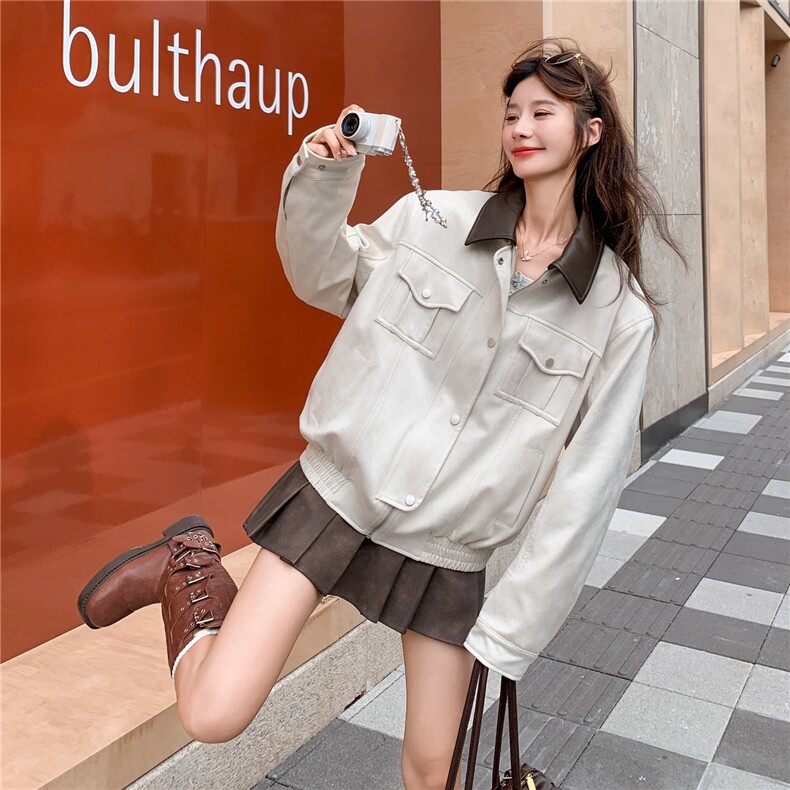 撞色拼接翻领皮衣外套女秋季2025新款独特超好看休闲百搭短款夹克,女装短外套,2C375
