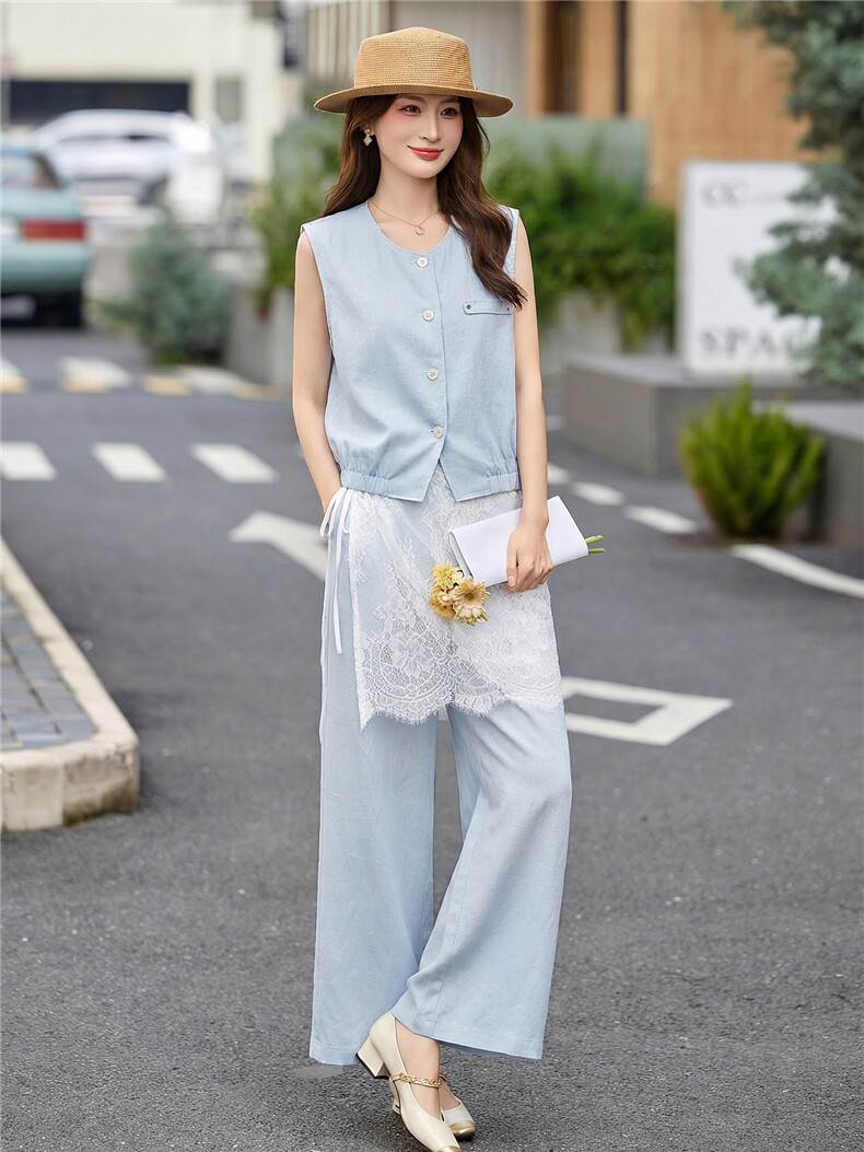 现货轻熟风气质套装女2026夏季麻料薄款西装马甲上衣阔腿裤两件套,女装套装/套裙,艾仟回(原伊仟回)