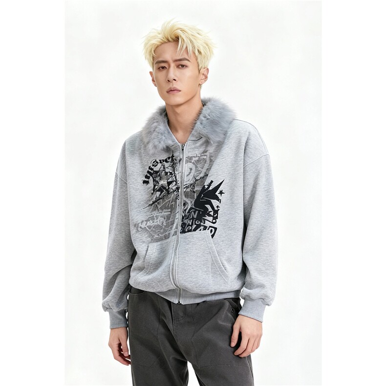 W10717-P58网图现货美式复古毛领连帽开衫卫衣情侣拉链外套,女装短外套,星座1608