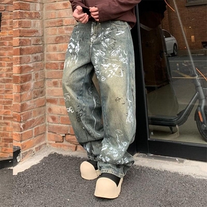 oldschool美式裤子男小众设计感复古黄泥色涂鸦牛仔裤宽松直筒裤图片
