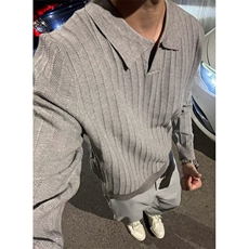 时尚高级感气质宽松百搭慵懒风纯色条纹套头翻领针织衫M136，男装针织衫/毛衣，星座1116A（原606A-3）
