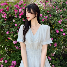 法式风现货夏季短袖新款连衣裙中长款，女装连衣裙，凯芙莉服饰