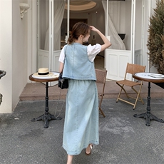 韩系休闲浅蓝色牛仔套装裙女2025夏新款显瘦马甲T恤半身裙三件套，女装套装/套裙，2C266