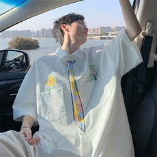无性别短袖衬衫男款夏季涂鸦印花衬衣青少年学院风痞帅休闲上衣服，男装衬衫，电商A001-1