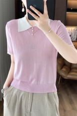 翻领冰丝短袖针织衫女夏季薄款设计感钉珠拼色POLO衫T恤打底上衣，女装针织衫/毛衣，暖姿羊绒